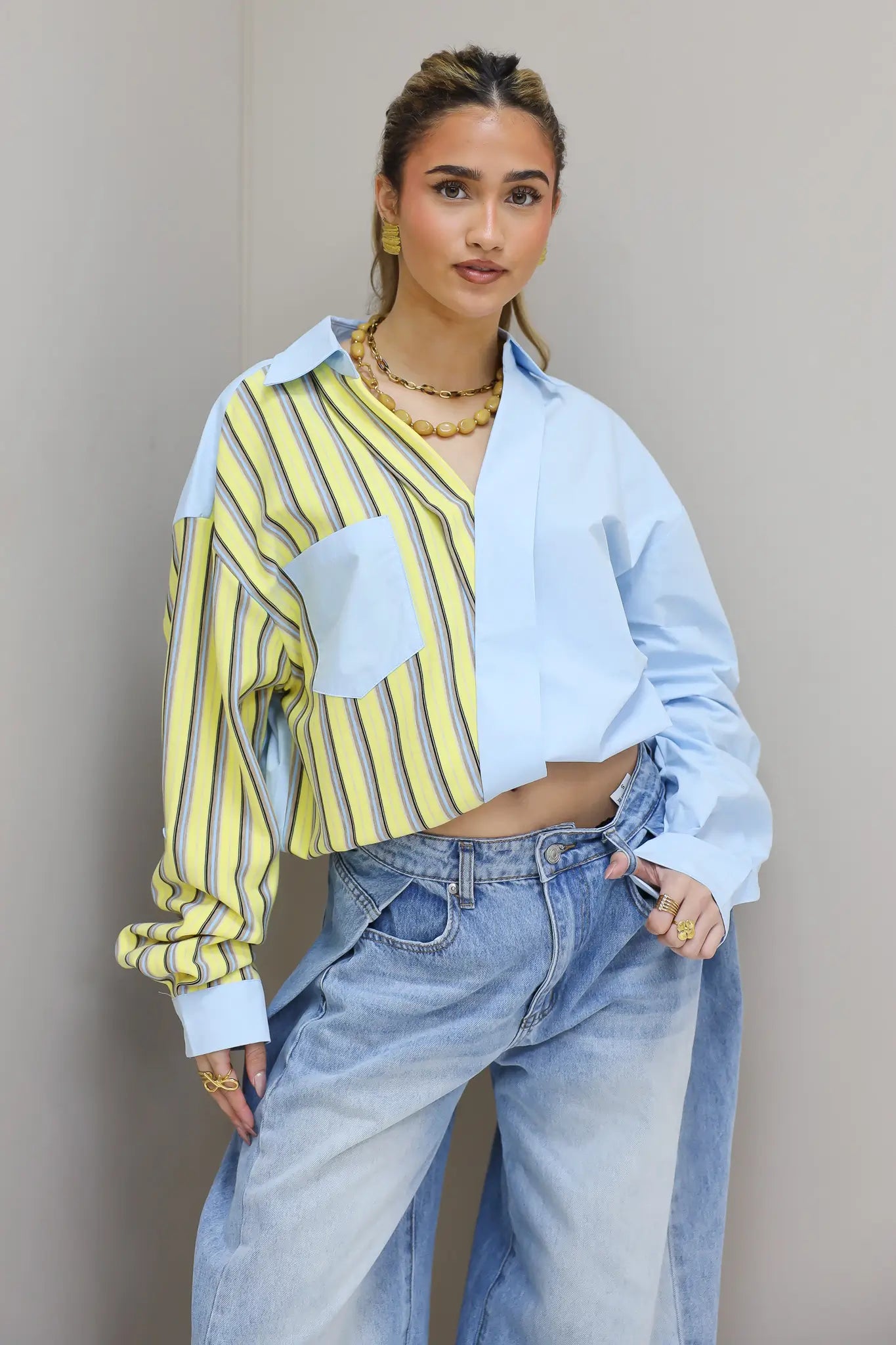 Blouse Streep Detail Geel/Blauw