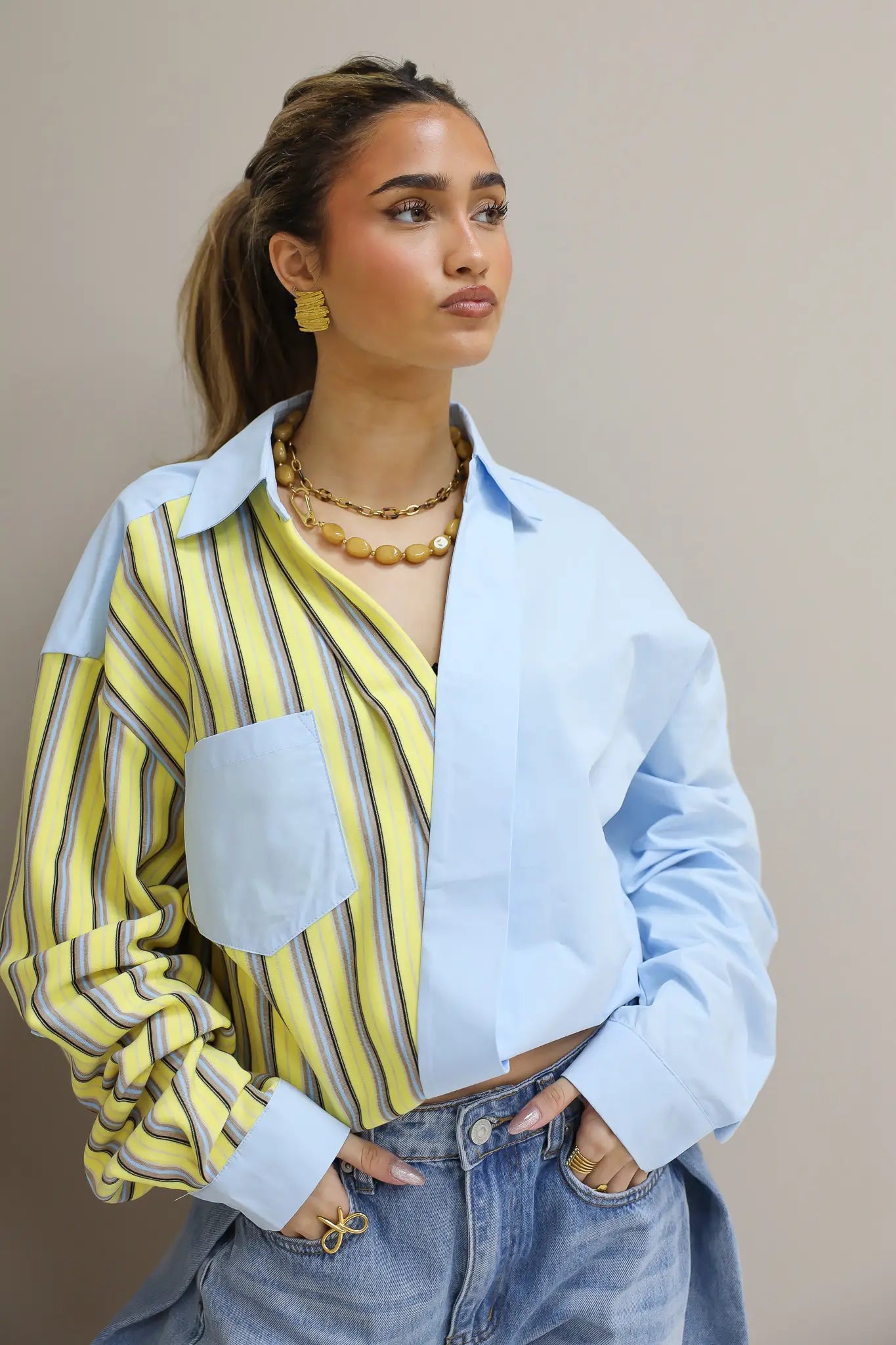 Blouse Streep Detail Geel/Blauw