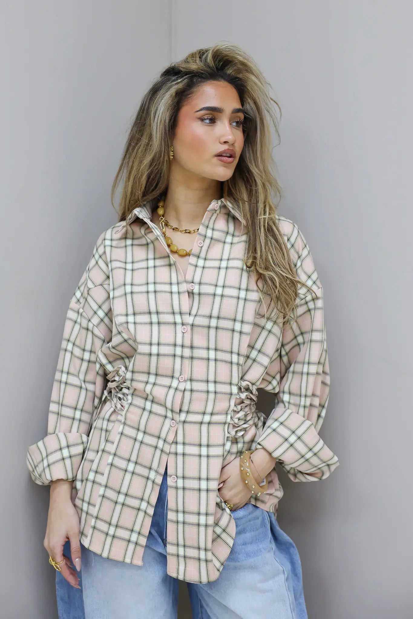 Ruit Blouse Taille Effect Beige