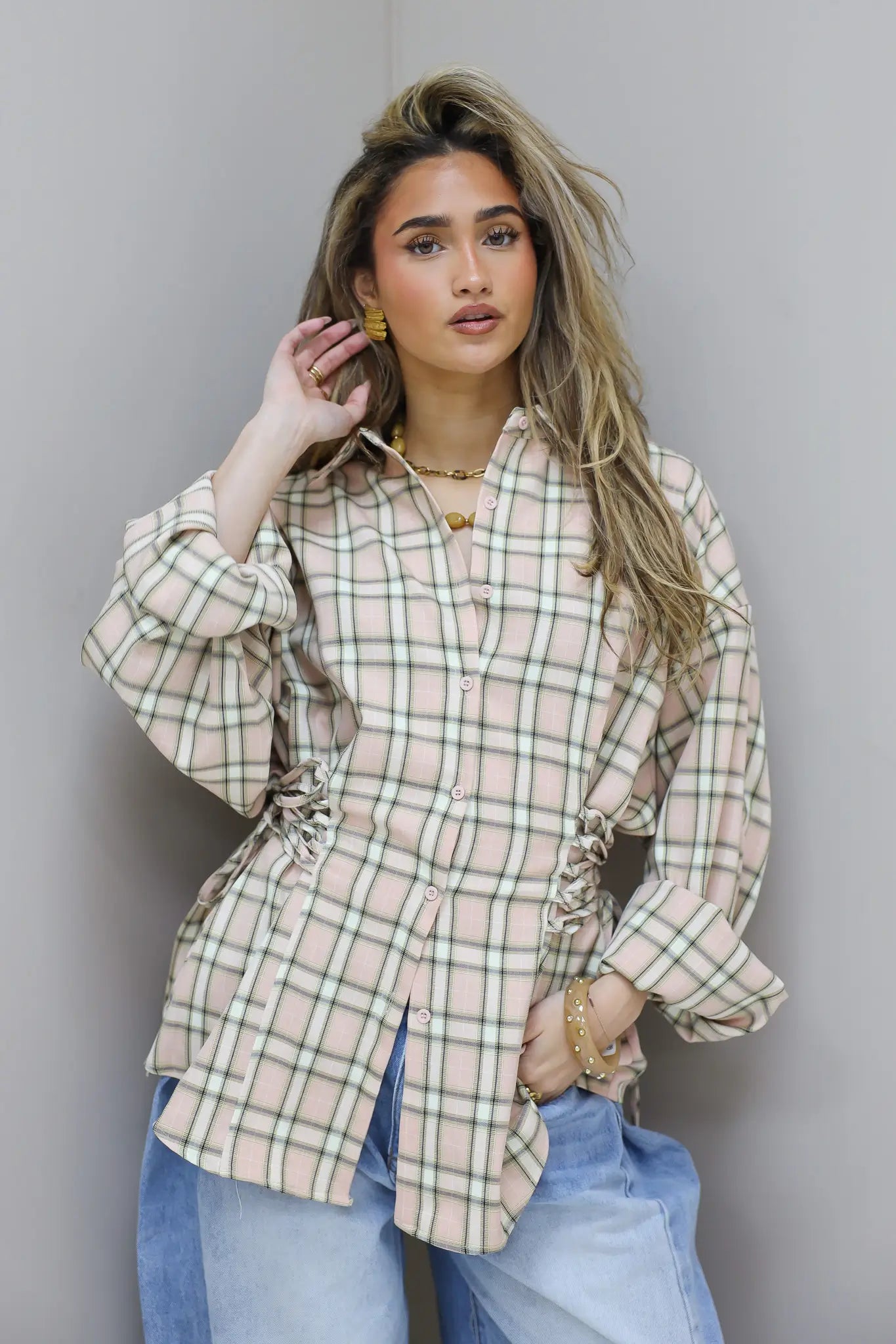 Ruit Blouse Taille Effect Beige