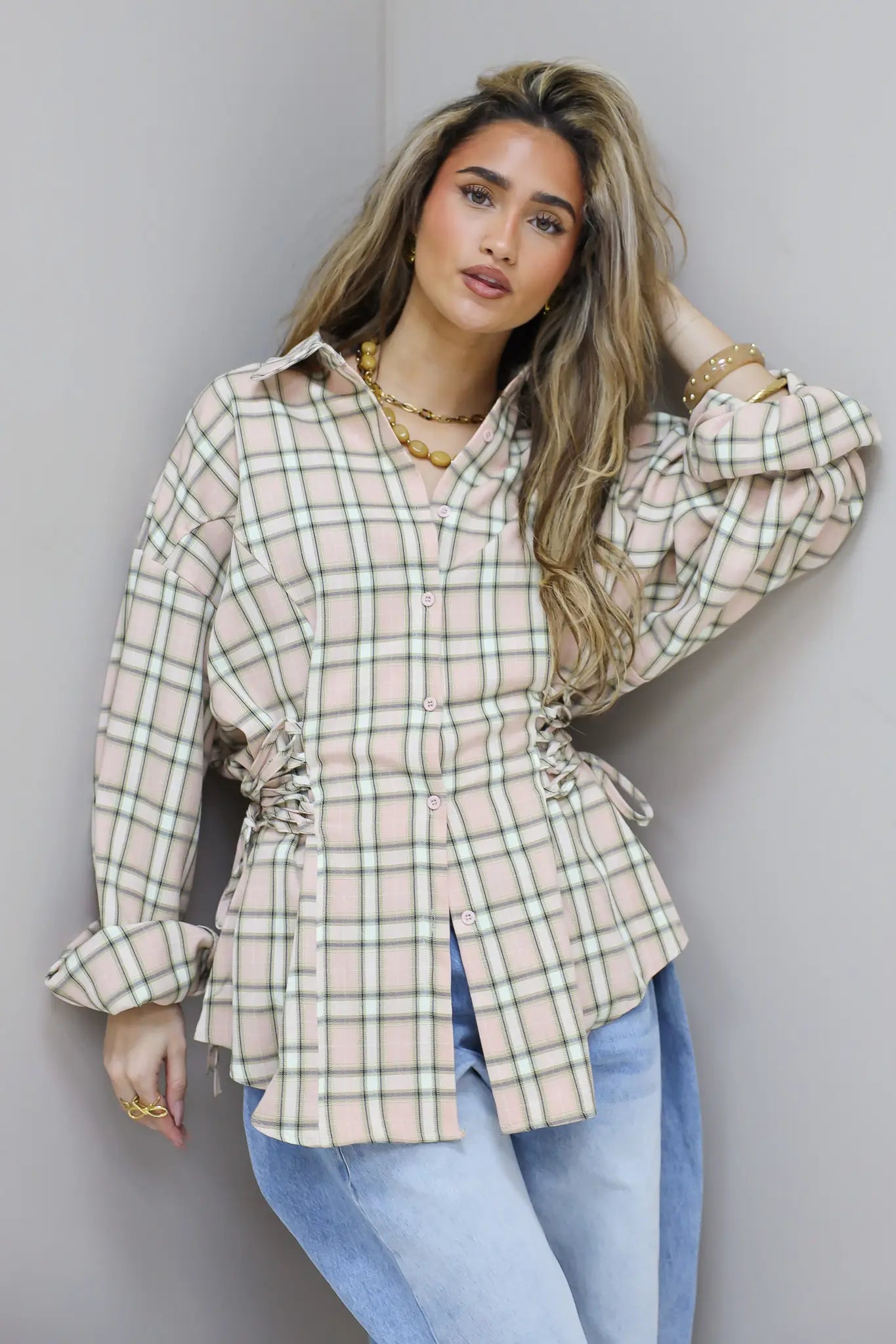 Ruit Blouse Taille Effect Beige