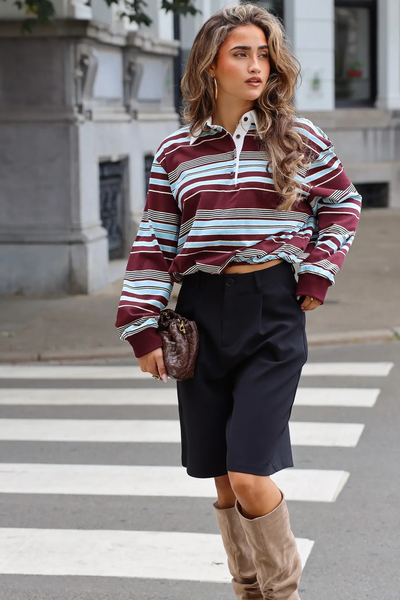 Polo Gestreept Cropped Bordeaux