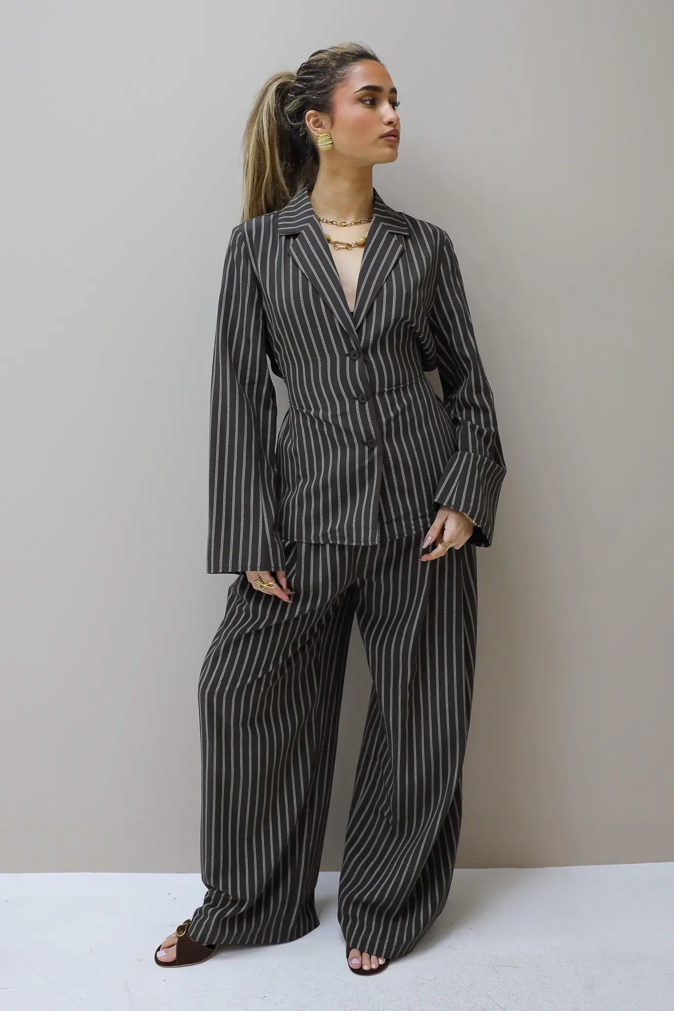 Getailleerde Blouse Gestreept Bruin