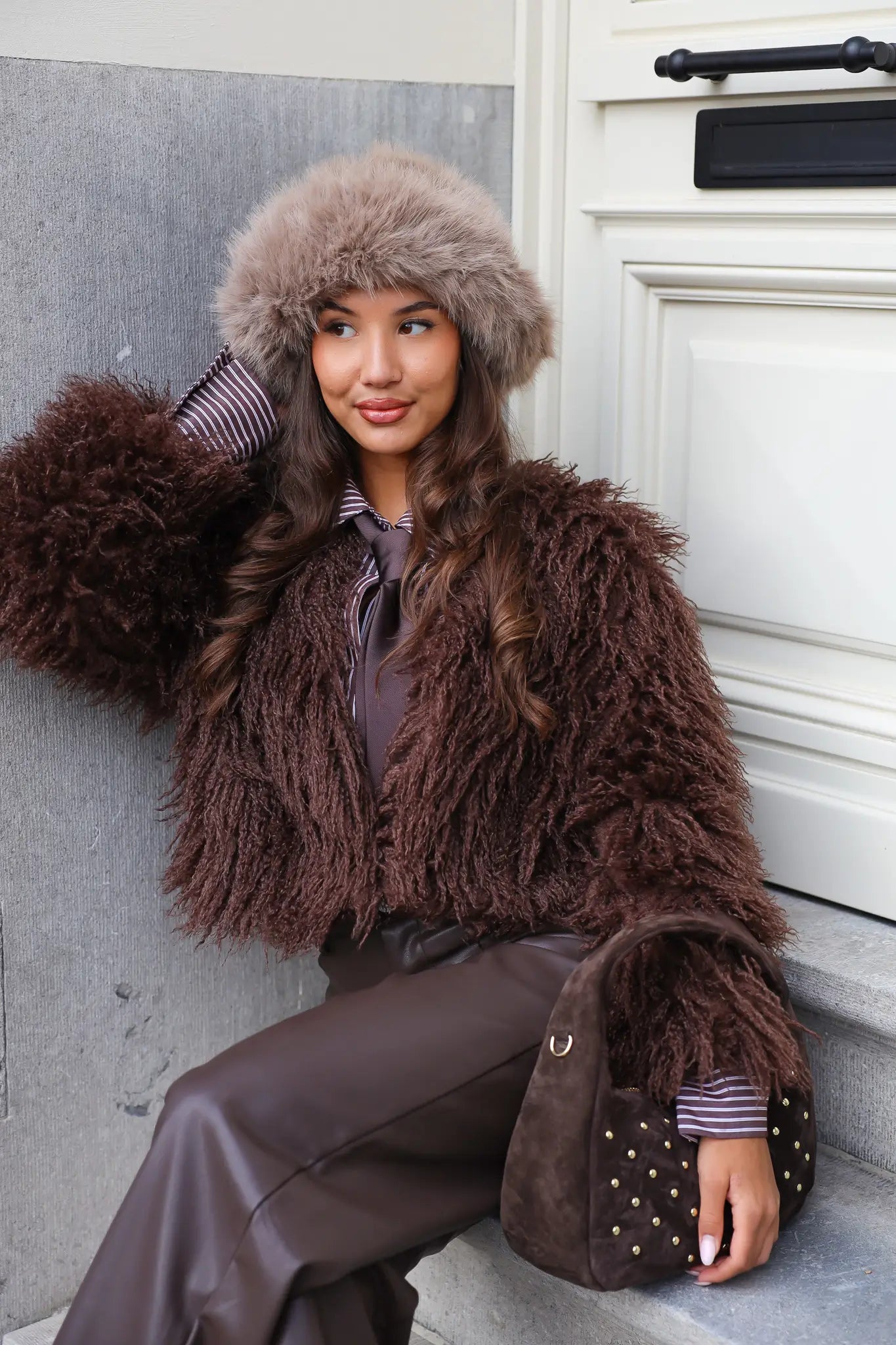 Leren Tas Suede Studs Bruin