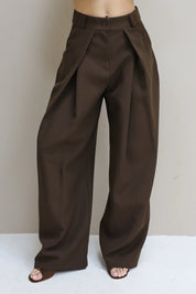Pantalon High Waist Plooi Effect Bruin