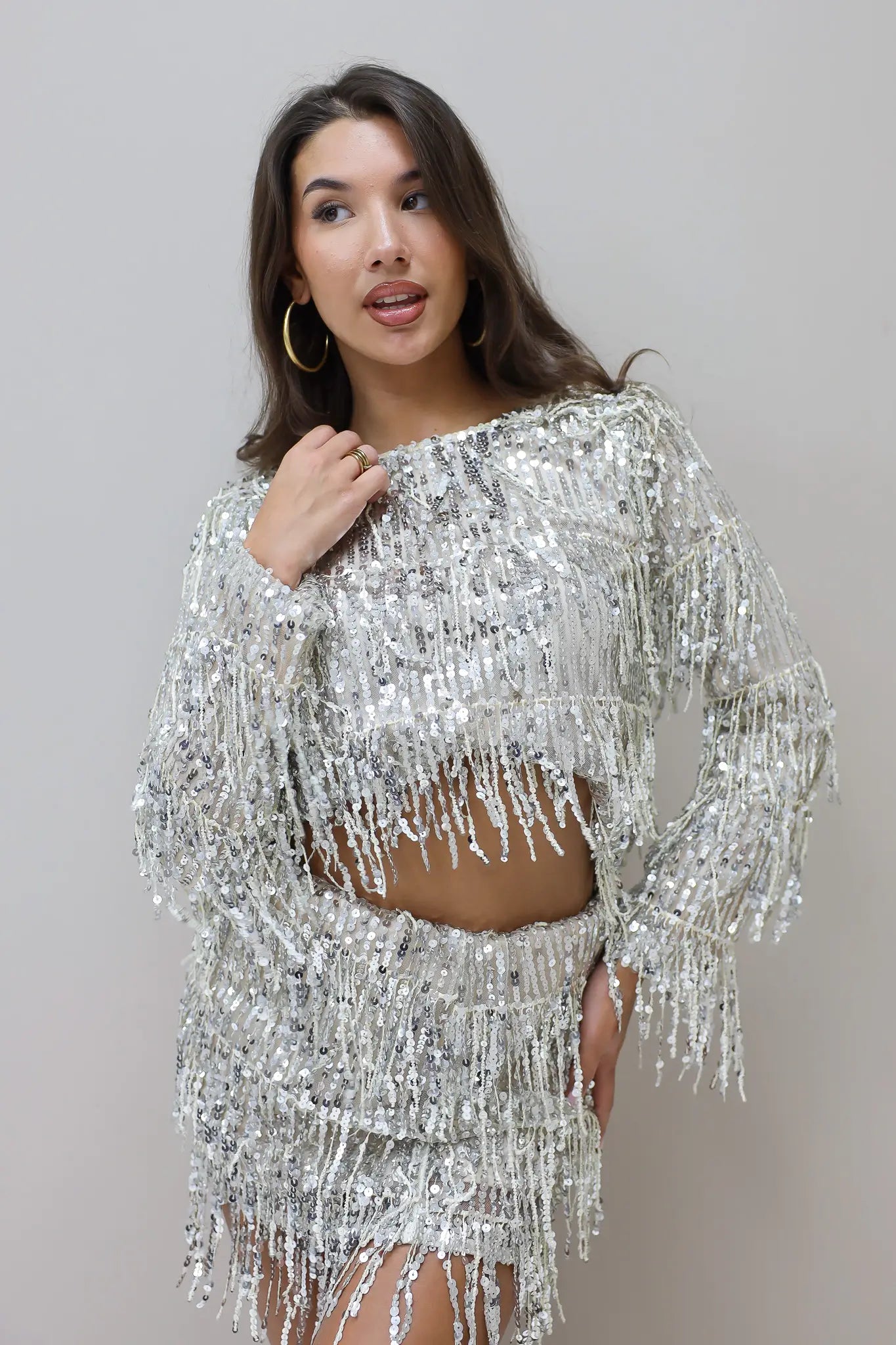 Top Pailletten Franjes Zilver