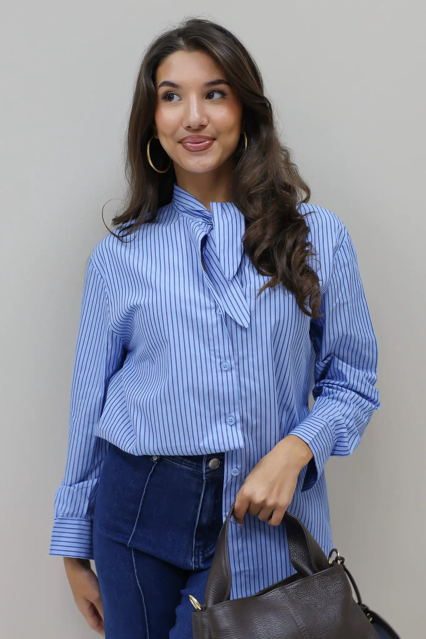 Blouse Gestreept Sjaal Detail Blauw