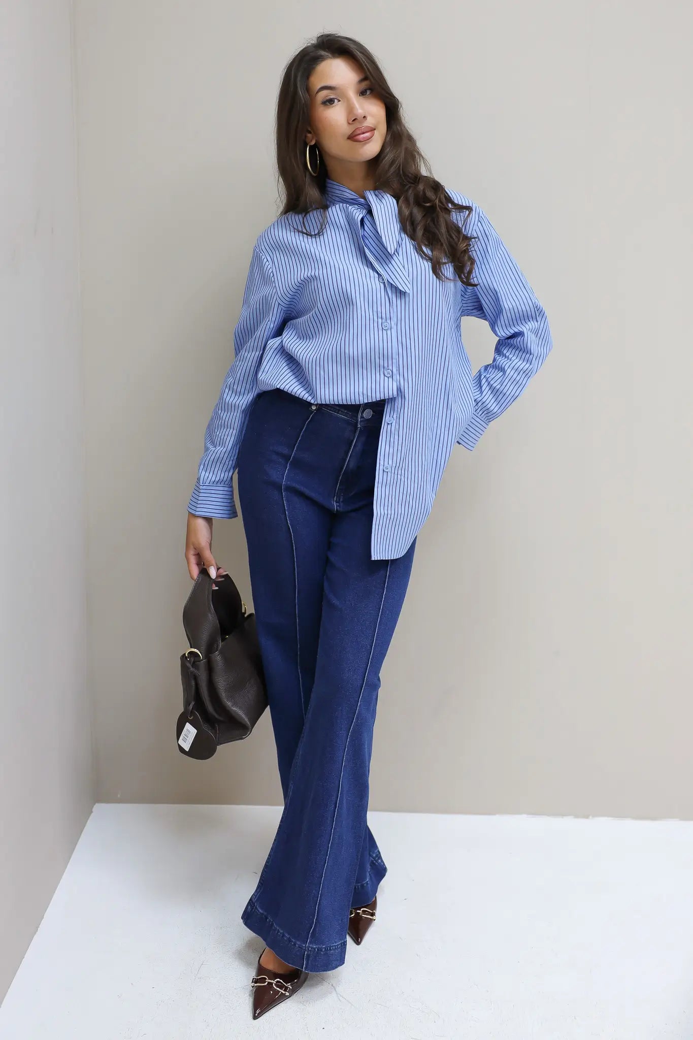 Blouse Gestreept Sjaal Detail Blauw