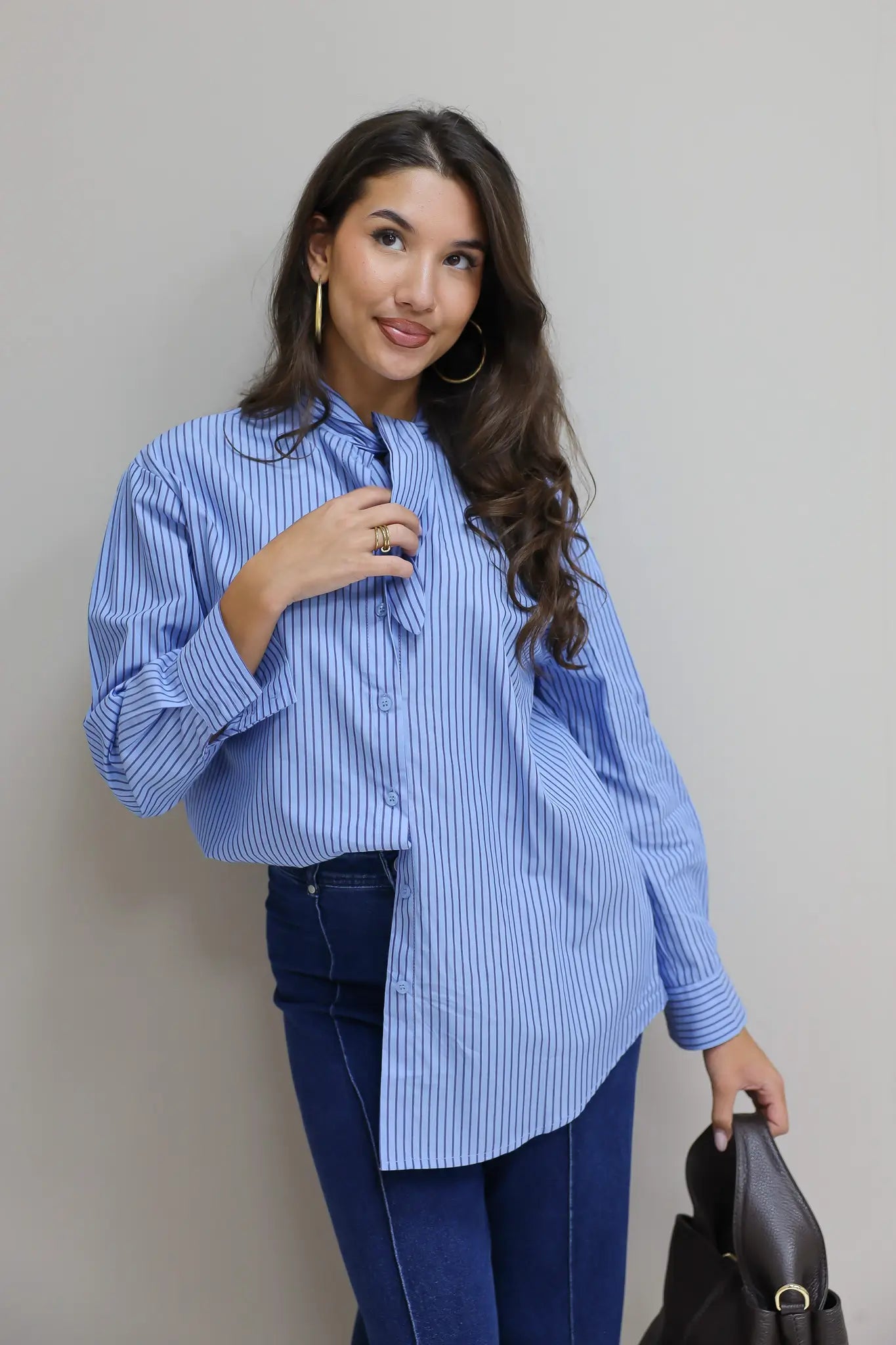 Blouse Gestreept Sjaal Detail Blauw