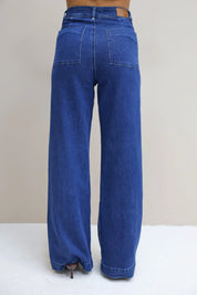 Wijde Pijpen Jeans Naad Donker Blauw