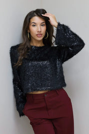 Boxy Pailletten Top Schoudervulling Zwart