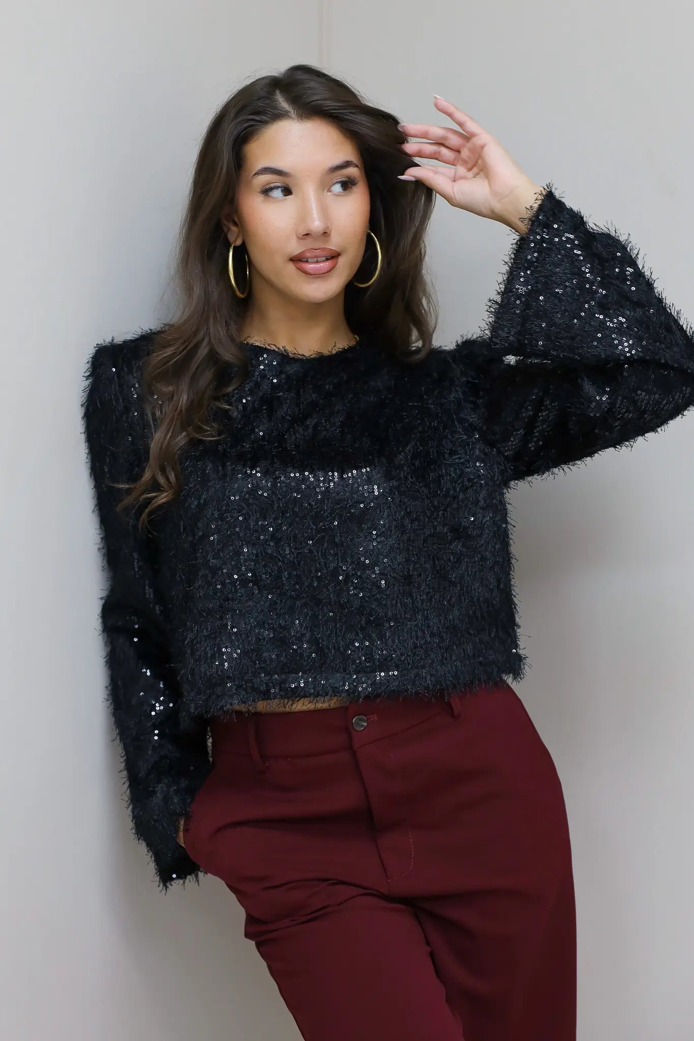 Boxy Pailletten Top Schoudervulling Zwart