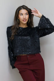 Boxy Pailletten Top Schoudervulling Zwart