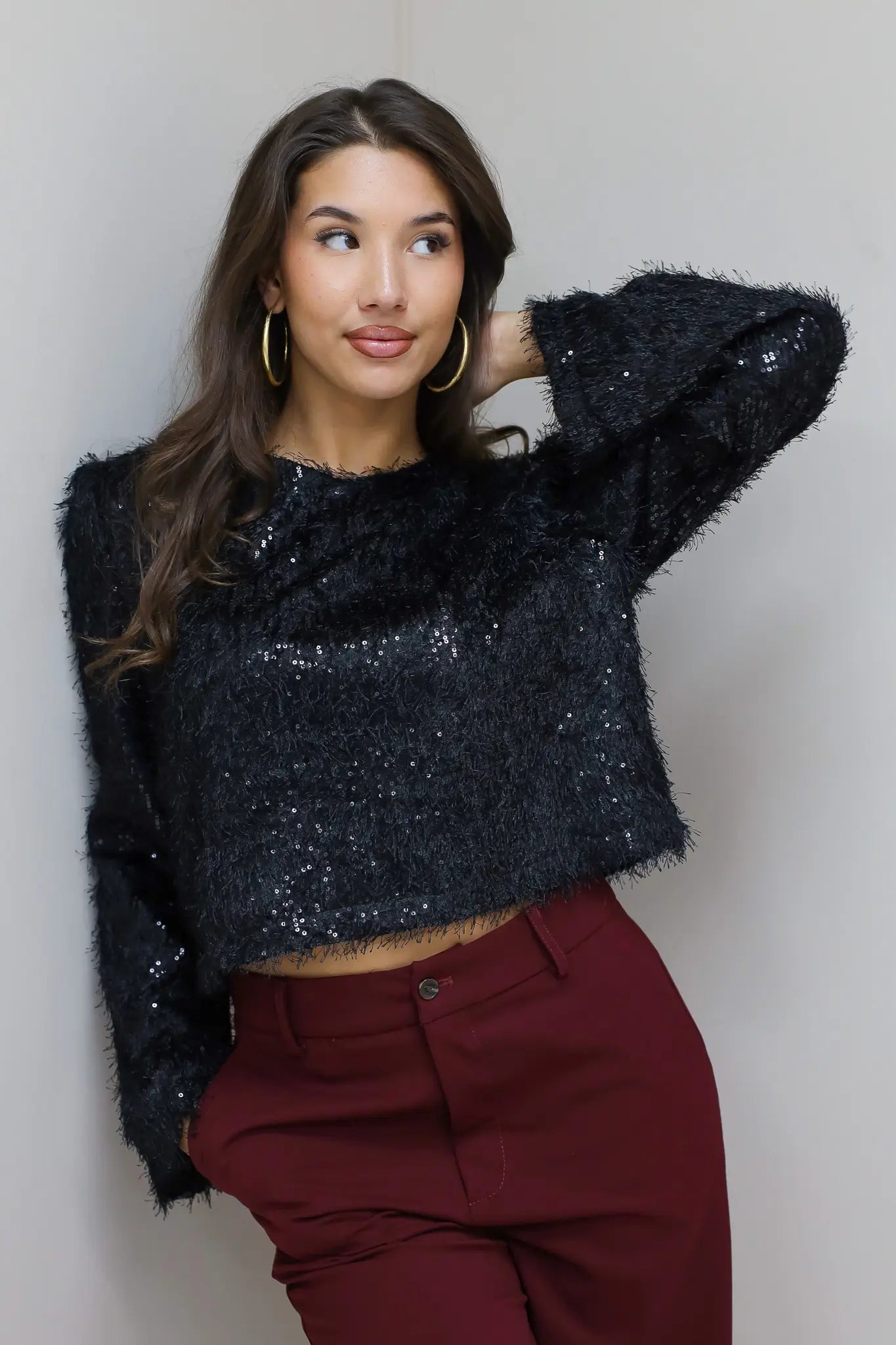 Boxy Pailletten Top Schoudervulling Zwart