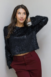 Boxy Pailletten Top Schoudervulling Zwart