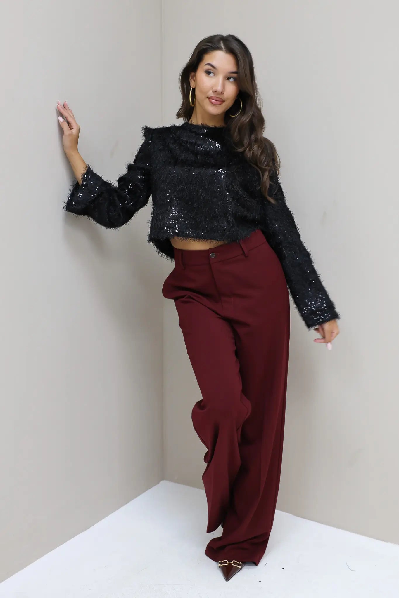 Boxy Pailletten Top Schoudervulling Zwart