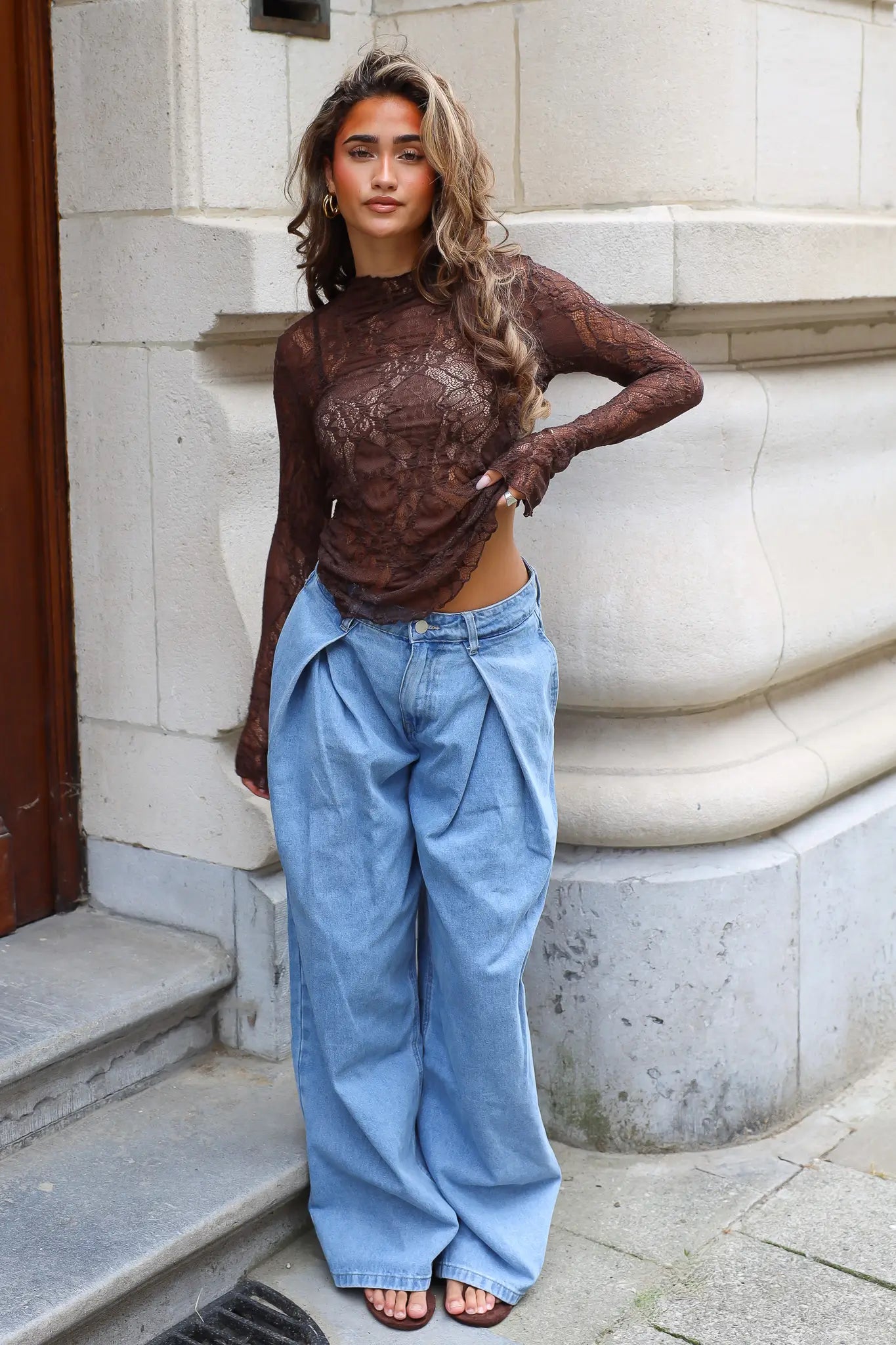 Wide Leg Baggy Jeans Plooien Blauw 3656