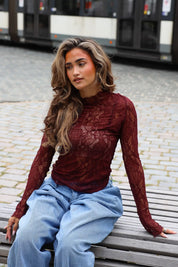 Top Kant Flared Mouwen Bordeaux