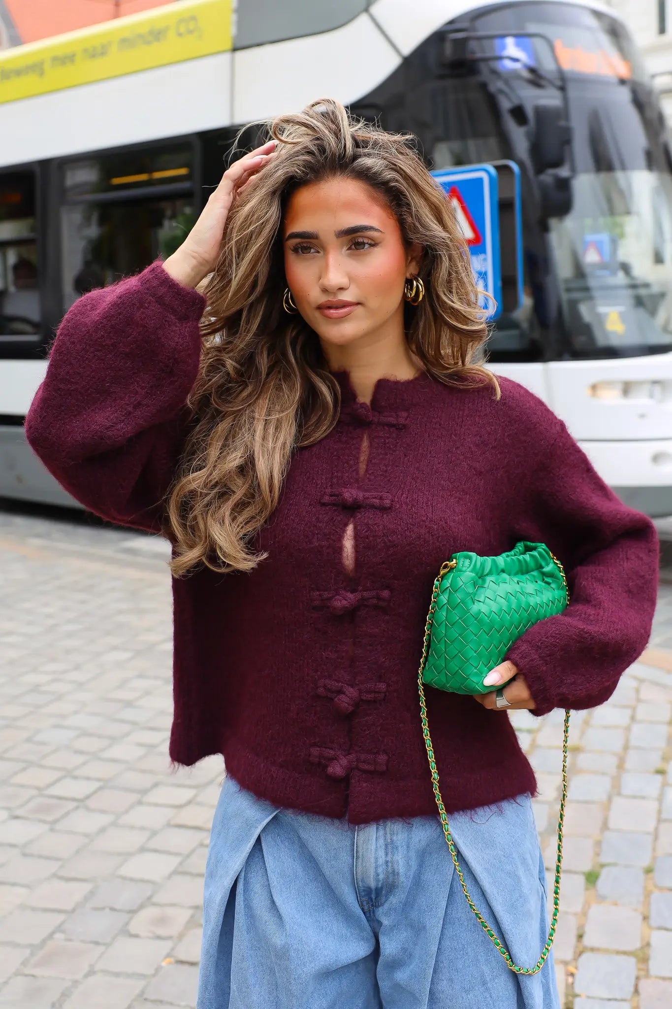 Trui Wol Knoopjes Bordeaux