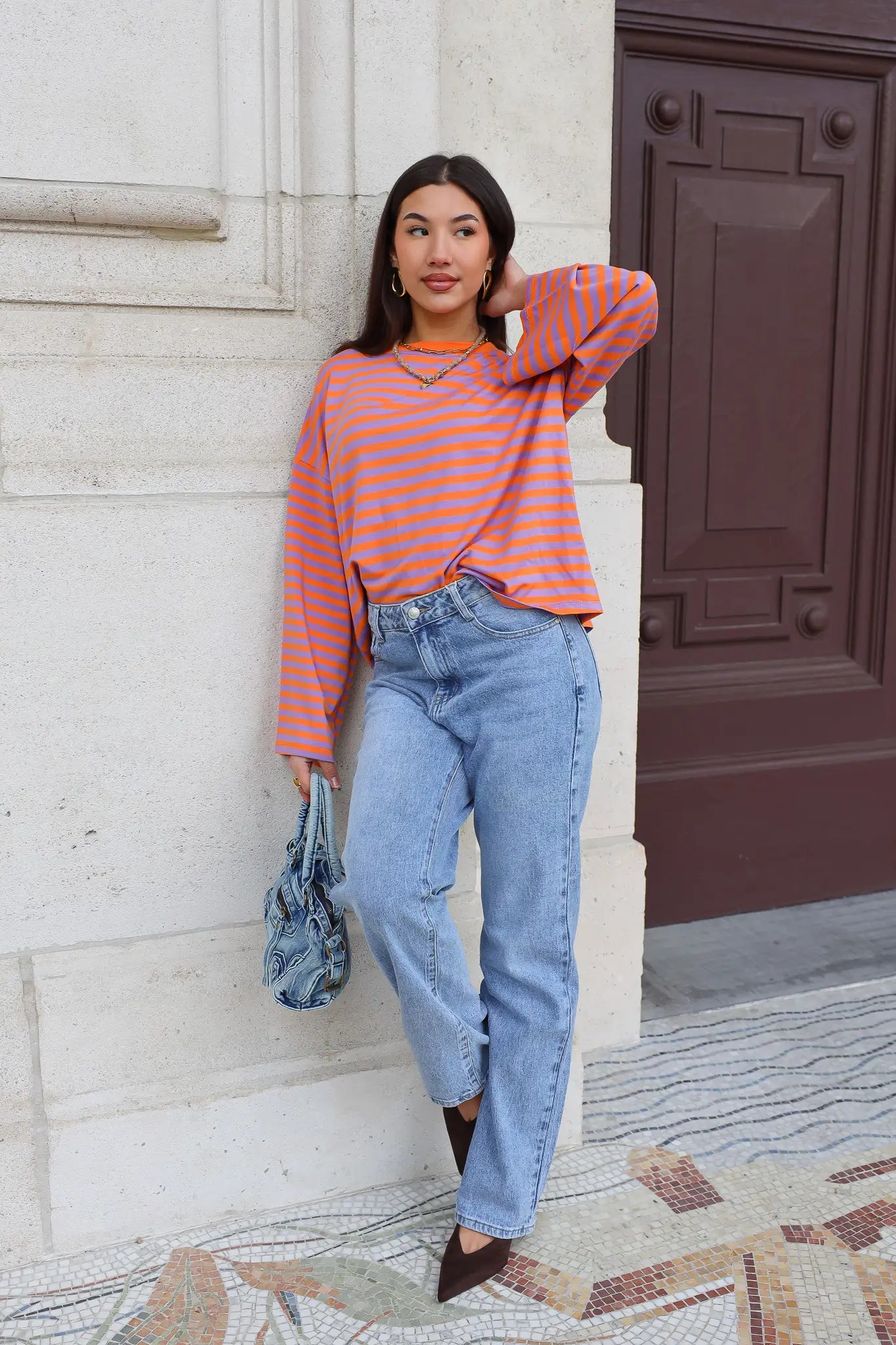 T-Shirt Lange Mouwen Strepen Oranje