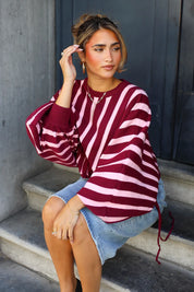 Trui Strepen Ballon Fit Bordeaux/Roze