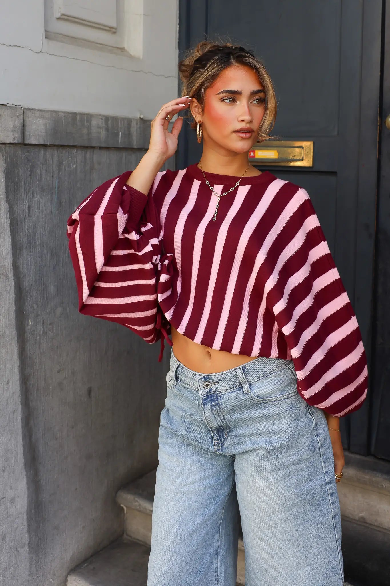 Trui Strepen Ballon Fit Bordeaux/Roze