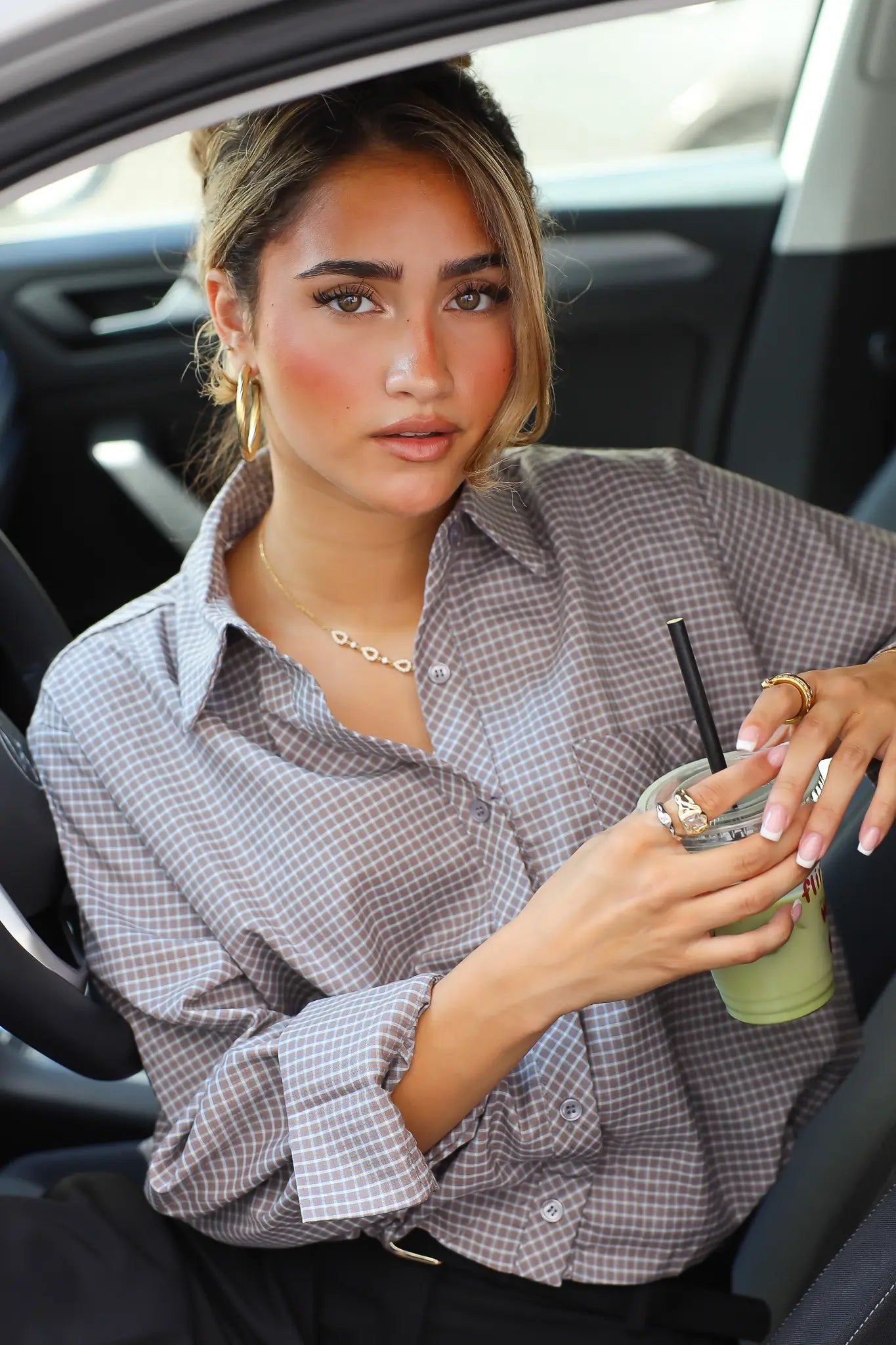 Ballon Blouse Ruitpatroon Grijs