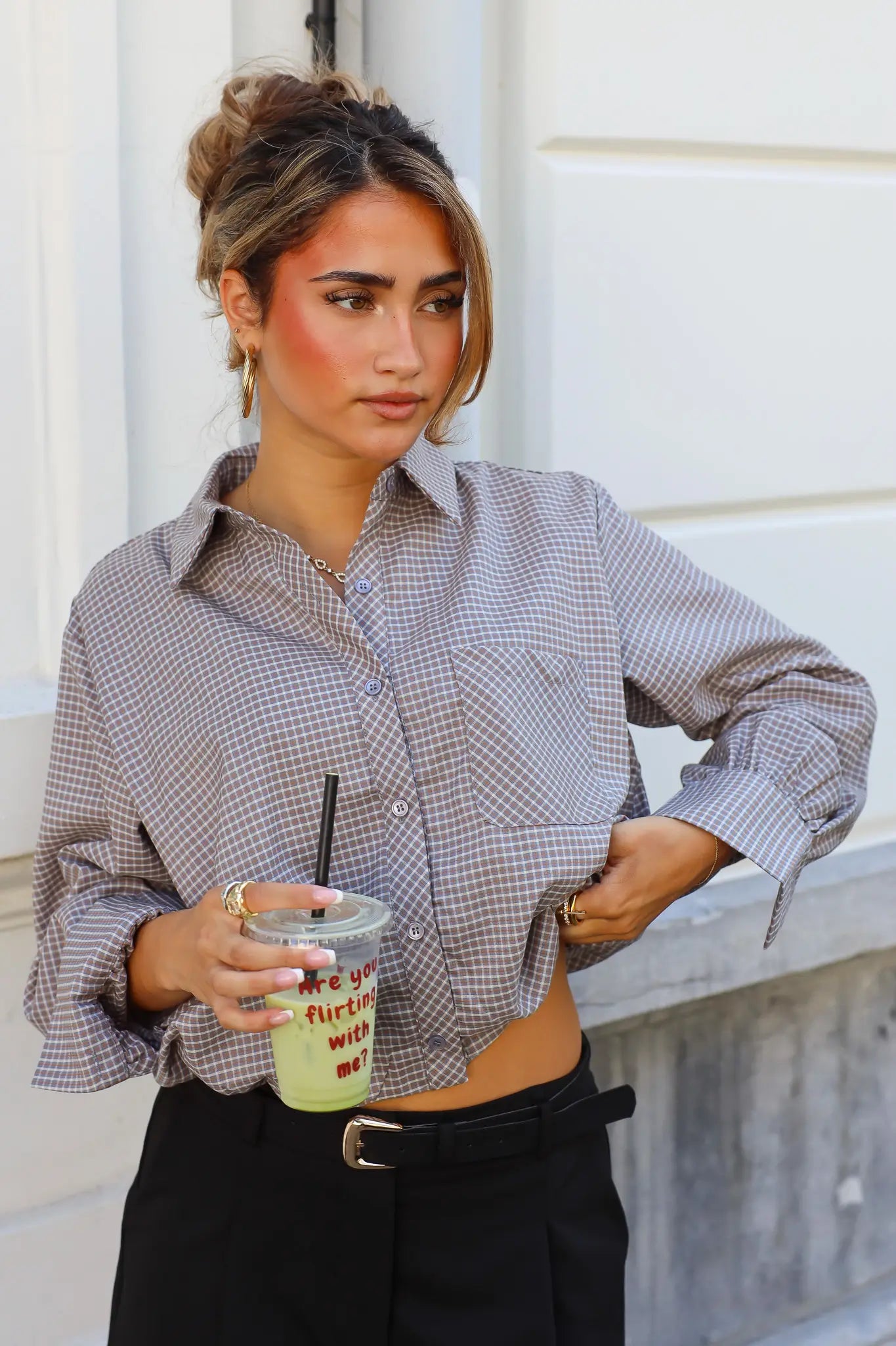 Ballon Blouse Ruitpatroon Grijs