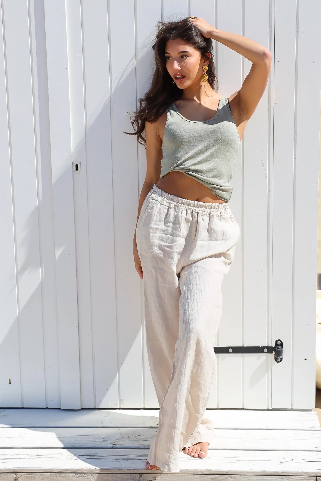 Linnen Broek Zakken Beige