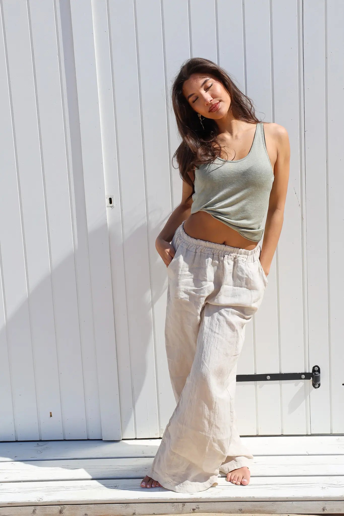 Linnen Broek Zakken Beige