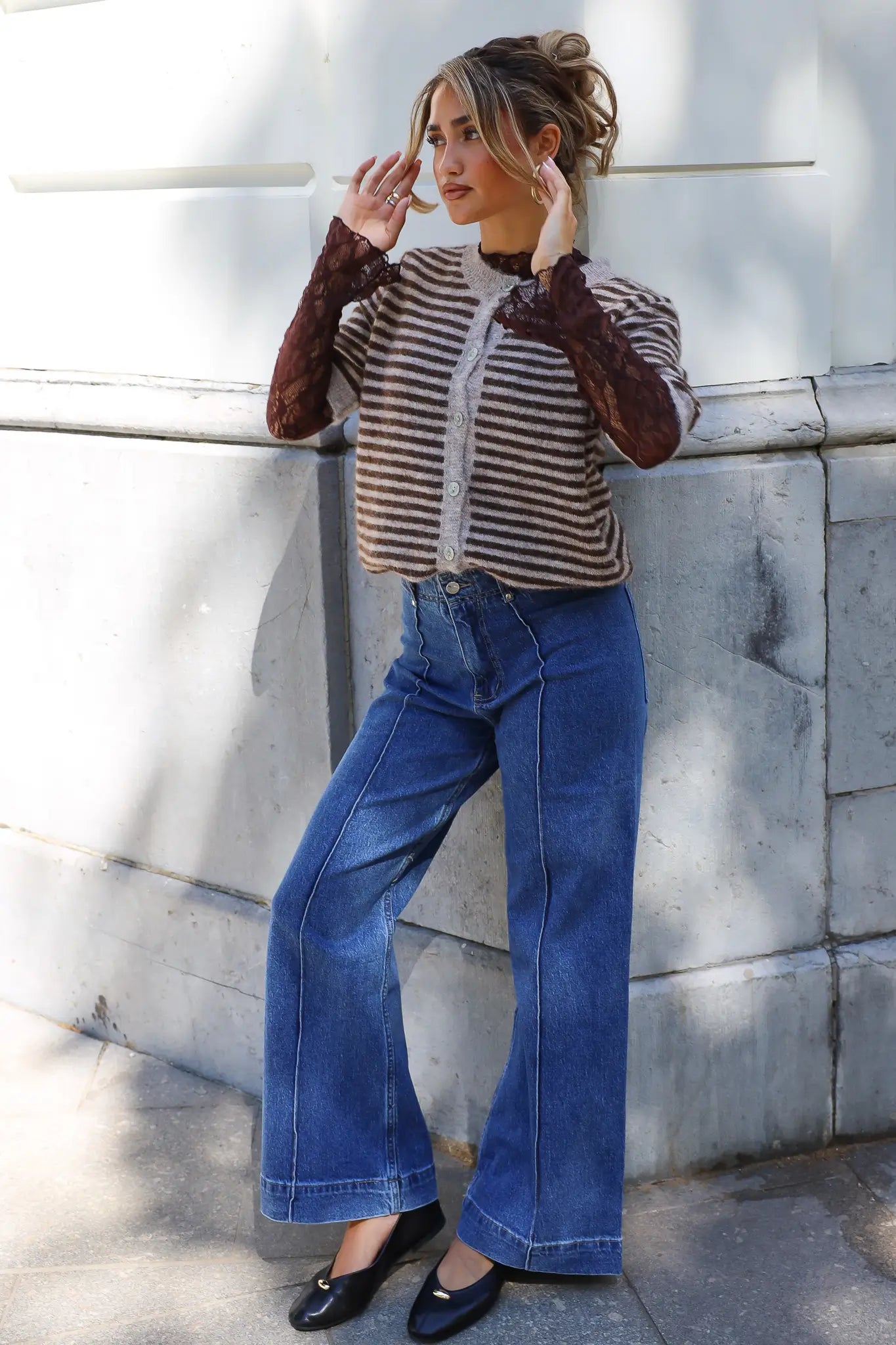 Wide Leg High Rise Jeans Donker Blauw