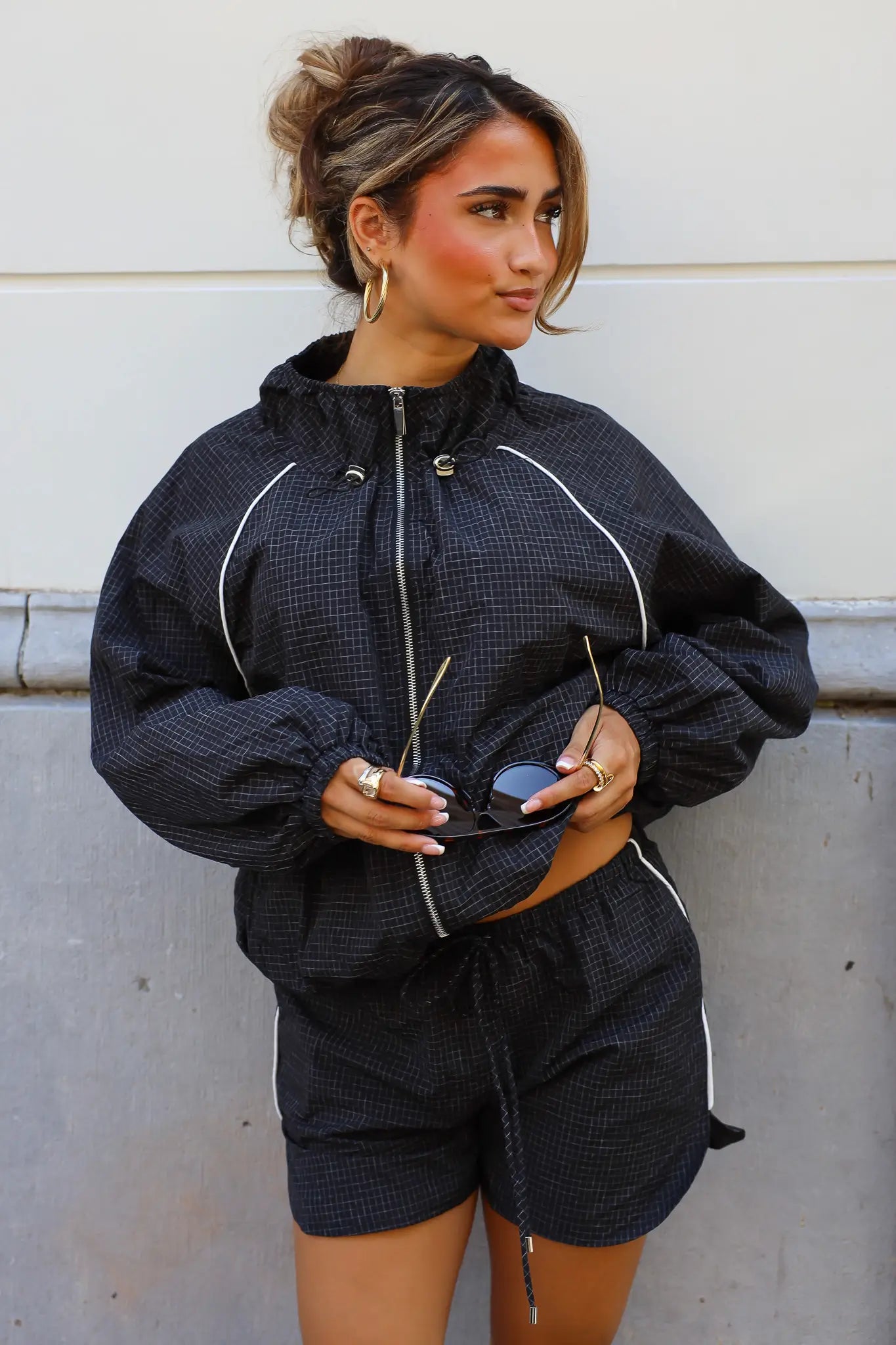 Windbreaker Rasterpatroon Zwart
