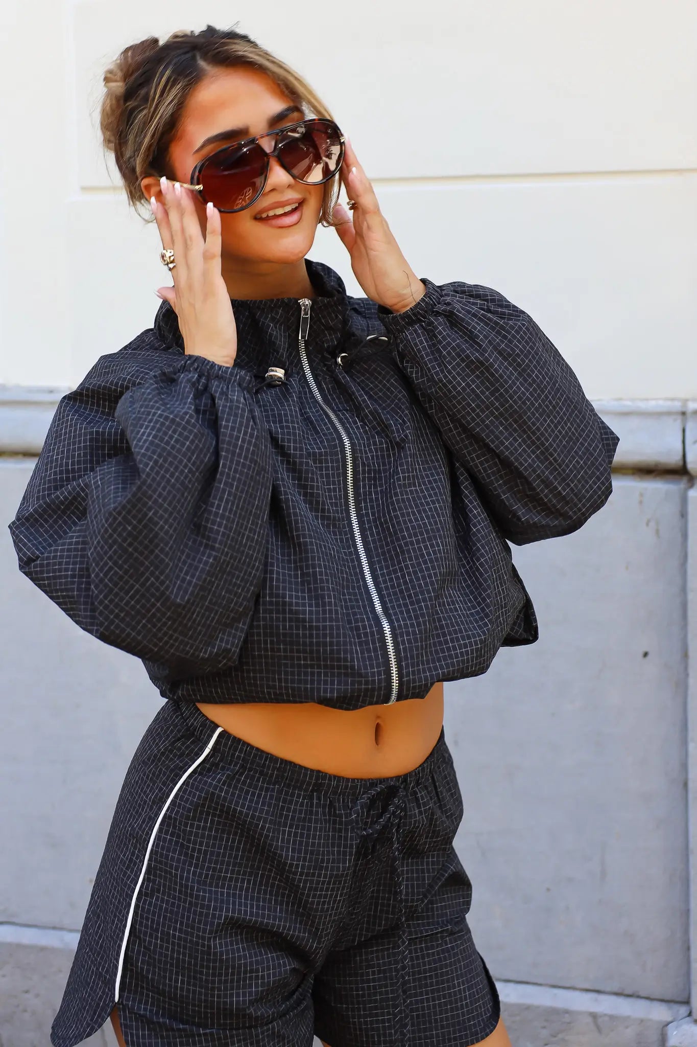 Windbreaker Rasterpatroon Zwart