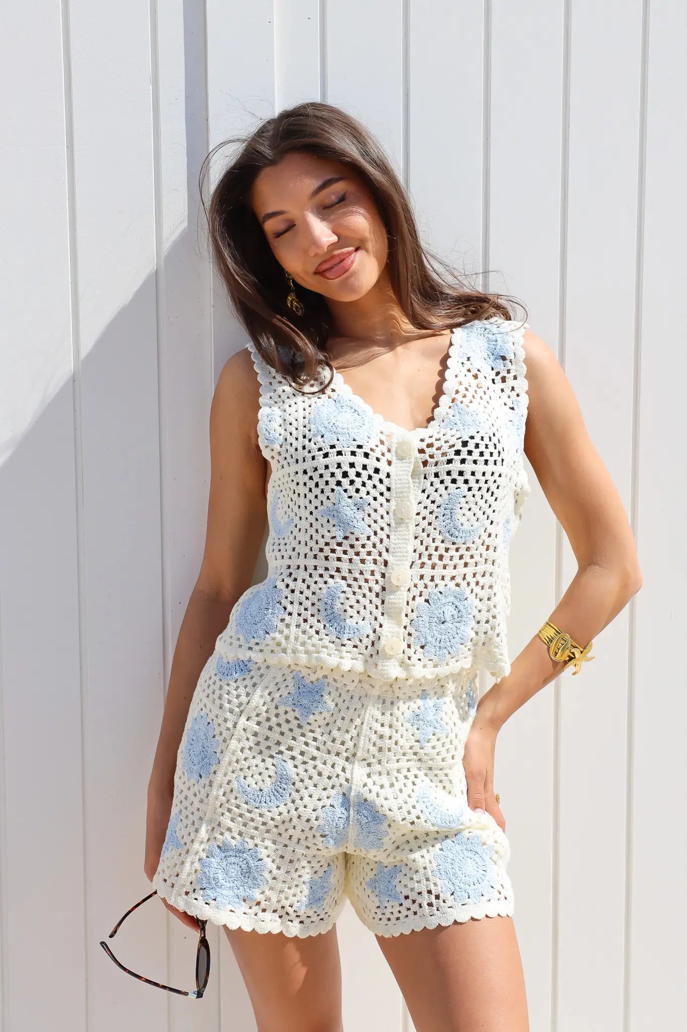 Top Gehaakt Beige/Blauw