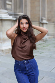 Halter Top Satijn Bruin