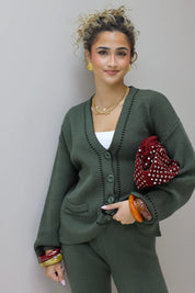 Gebreid Vest Knopen V-Hals Khaki