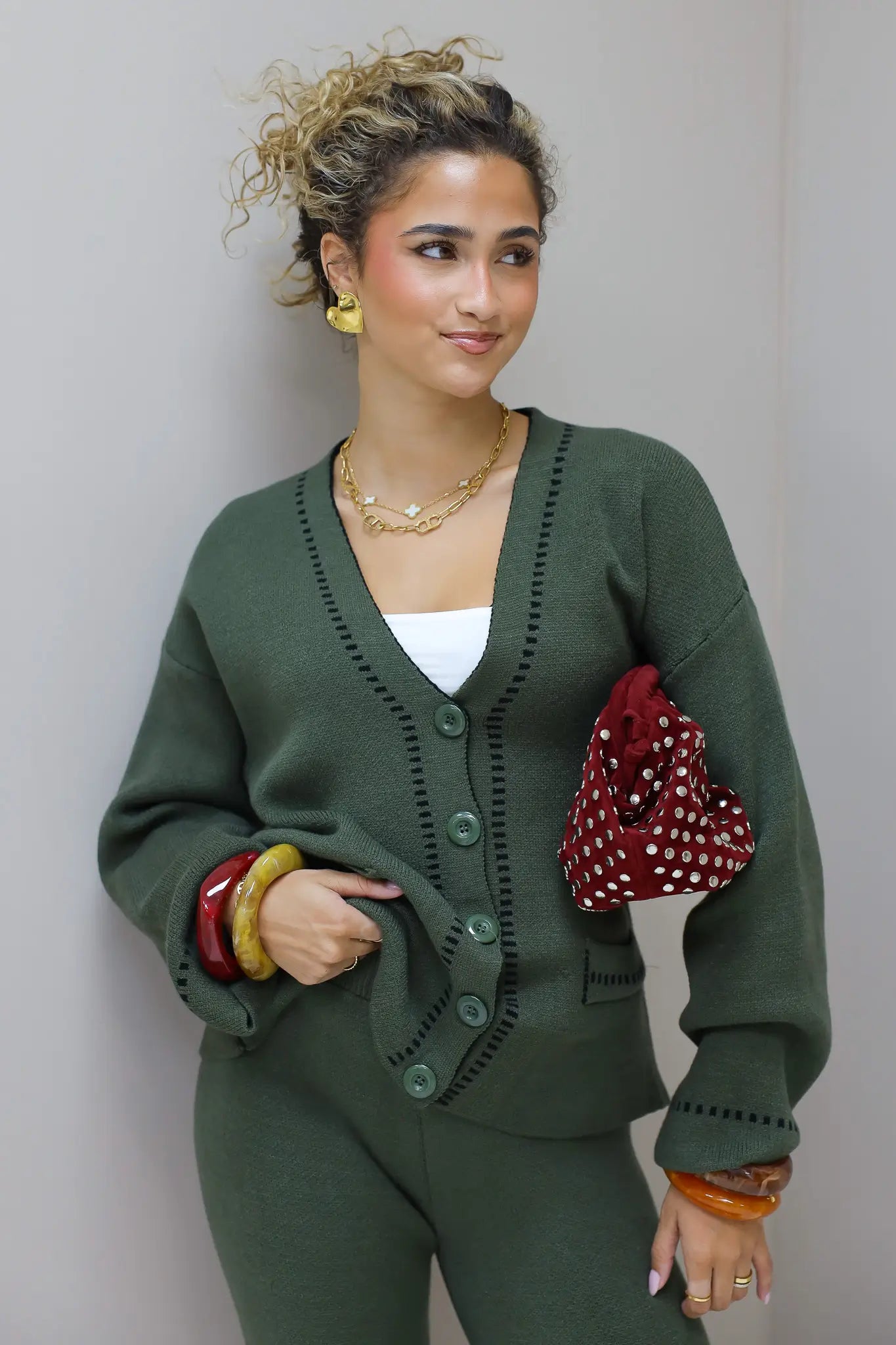 Gebreid Vest Knopen V-Hals Khaki