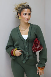 Gebreid Vest Knopen V-Hals Khaki