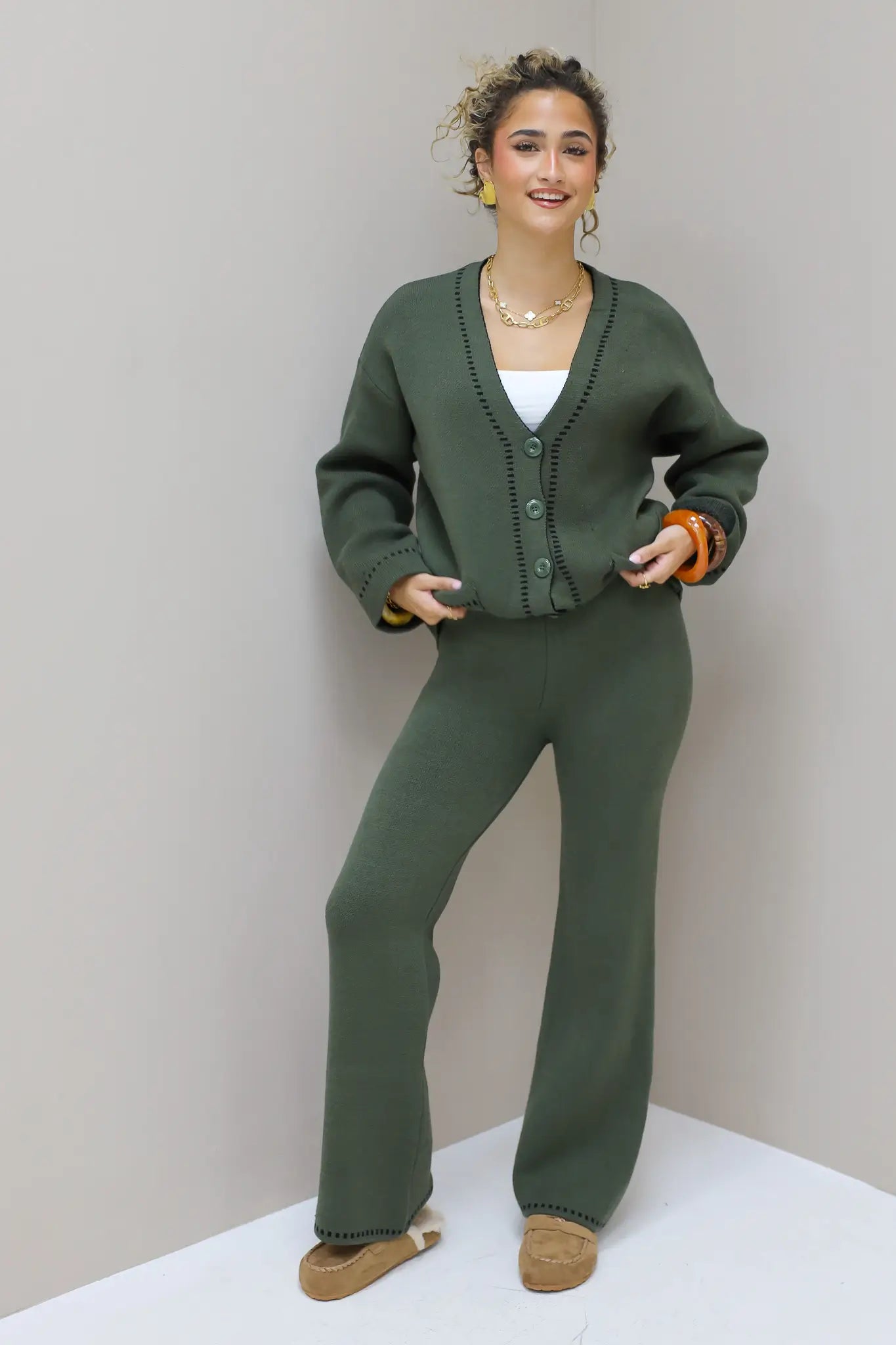 Gebreid Vest Knopen V-Hals Khaki