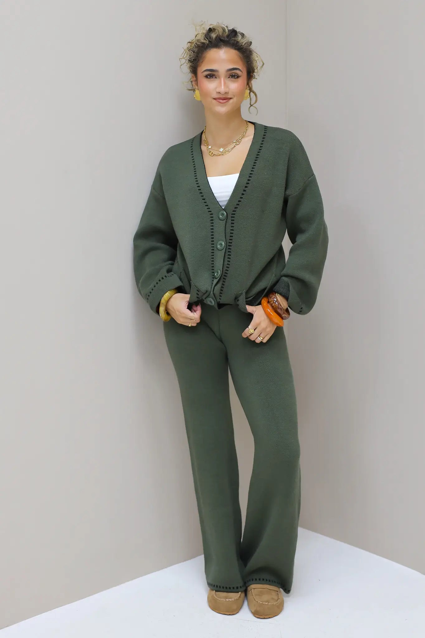 Gebreid Vest Knopen V-Hals Khaki