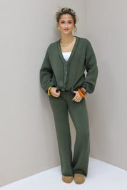 Gebreid Vest Knopen V-Hals Khaki