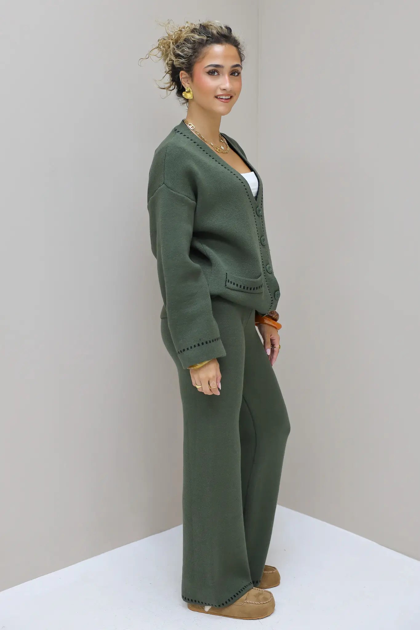 Gebreid Vest Knopen V-Hals Khaki