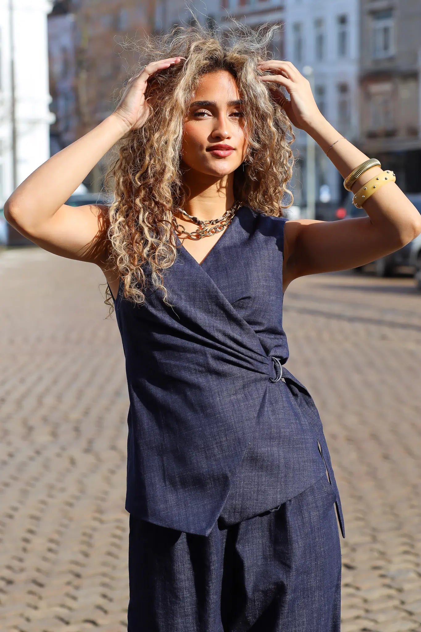 Denim Gilet Gesp Blauw