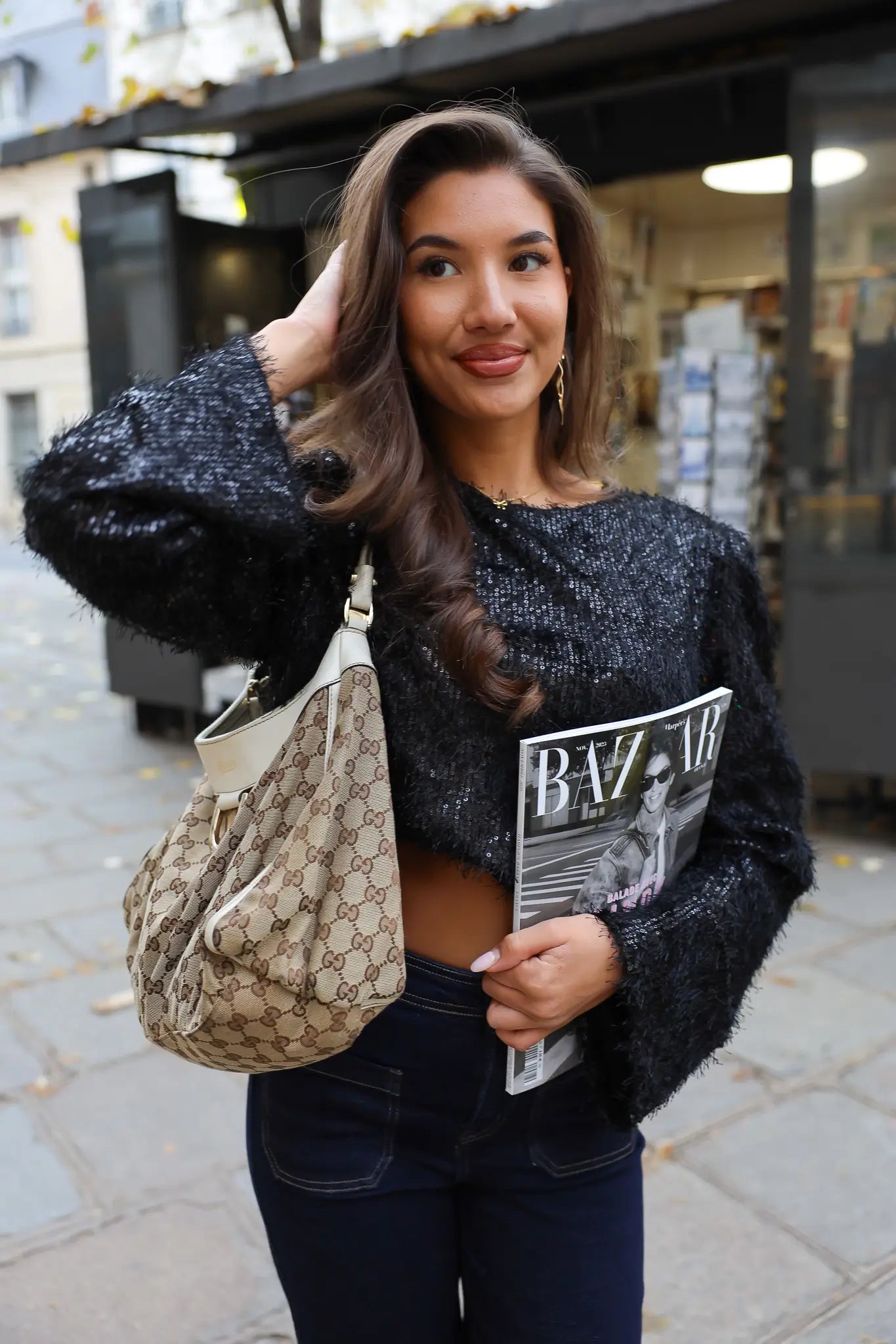 Boxy Pailletten Top Schoudervulling Zwart