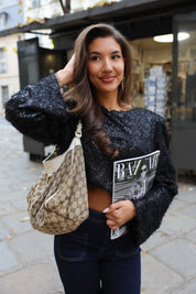 Boxy Pailletten Top Schoudervulling Zwart