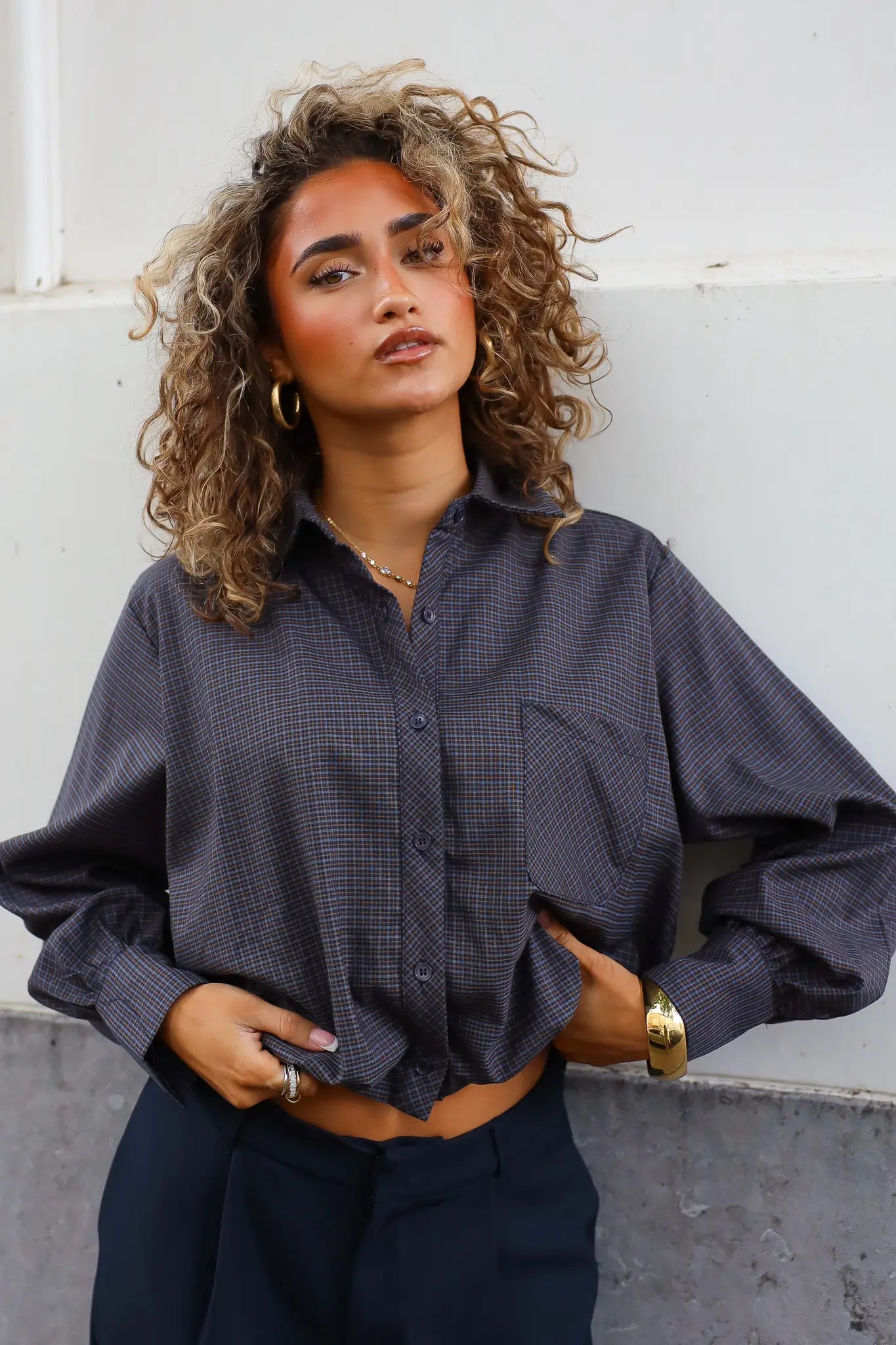Ballon Blouse Ruitpatroon Donker Blauw