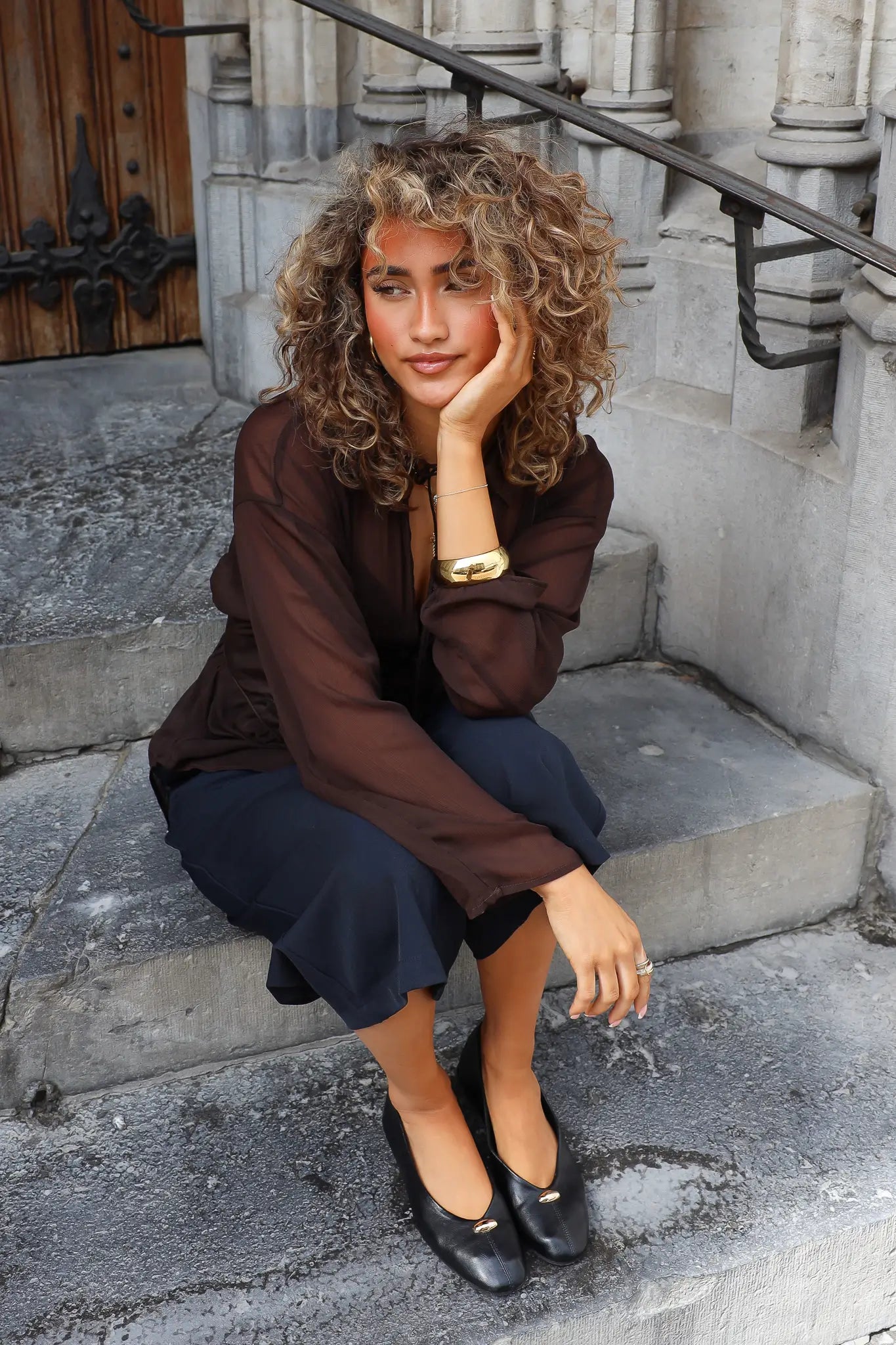Blouse Taille Details Donker Bruin