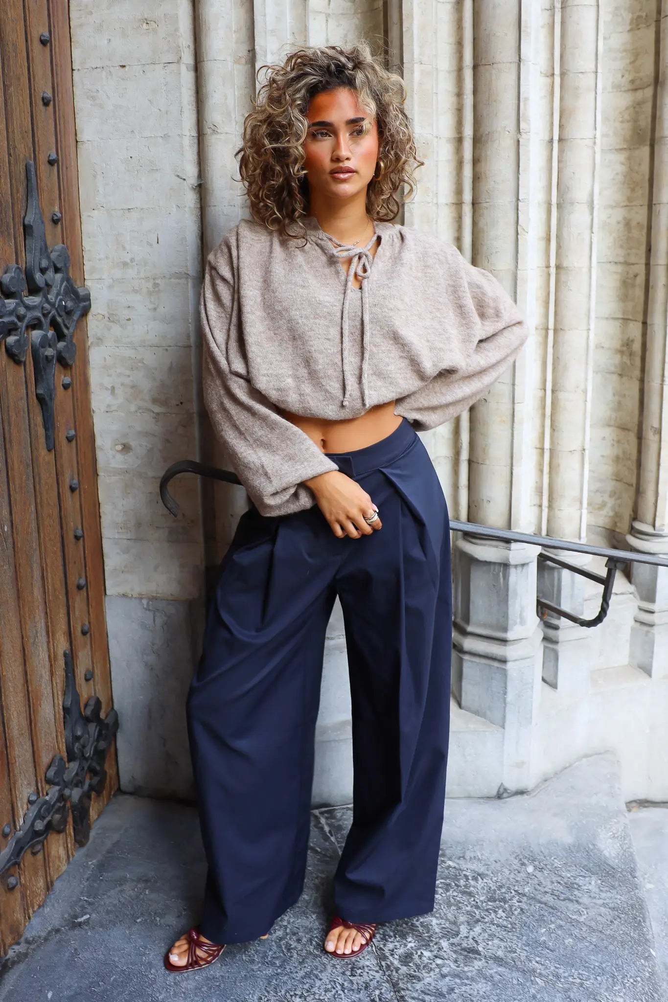 Pantalon Wide Leg Plooien Donker Blauw