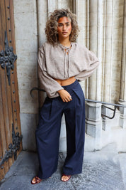 Pantalon Wide Leg Plooien Donker Blauw