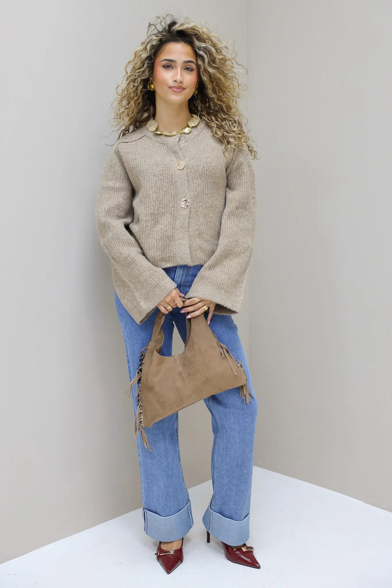 Schoudertas Suede Franjes Taupe